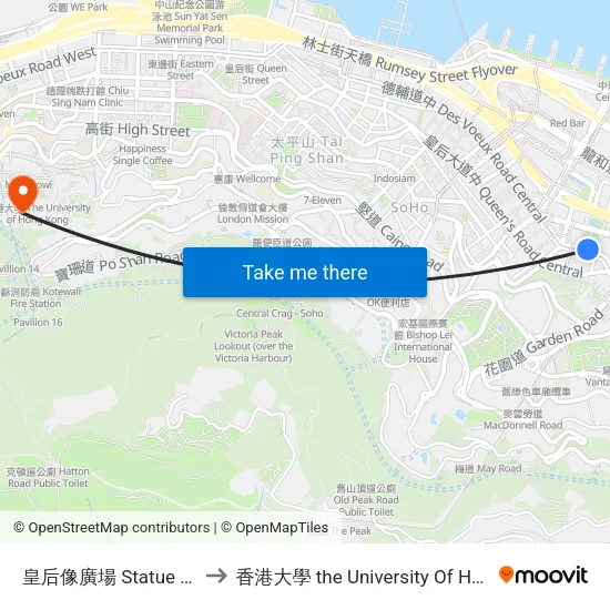 皇后像廣場 Statue Square to 香港大學 the University Of Hong Kong map