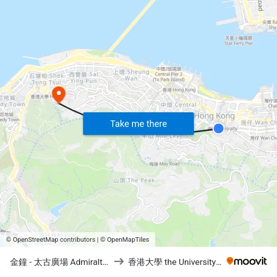 金鐘 - 太古廣場 Admiralty - Pacific Place to 香港大學 the University Of Hong Kong map