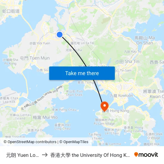 元朗 Yuen Long to 香港大學 the University Of Hong Kong map