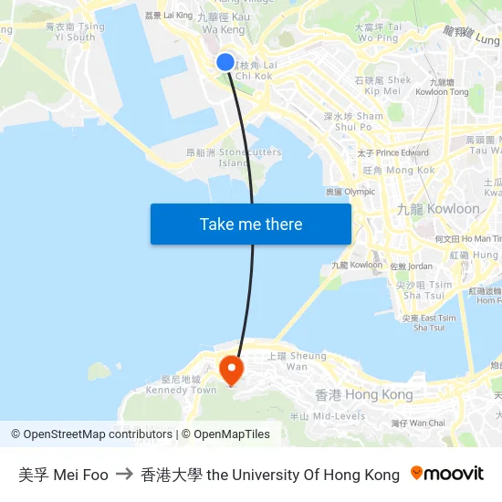 美孚 Mei Foo to 香港大學 the University Of Hong Kong map
