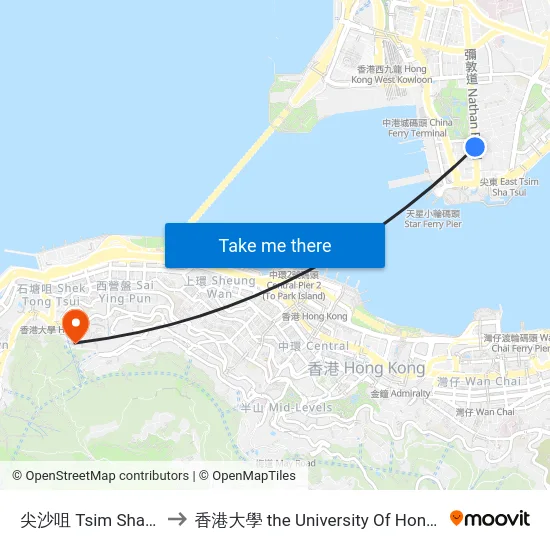 尖沙咀 Tsim Sha Tsui to 香港大學 the University Of Hong Kong map