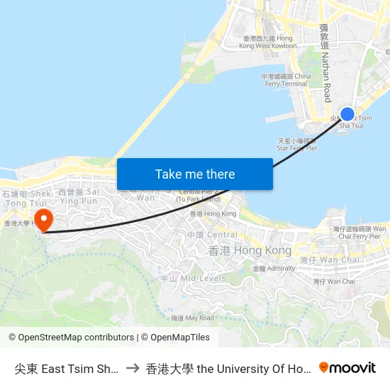 尖東 East Tsim Sha Tsui to 香港大學 the University Of Hong Kong map