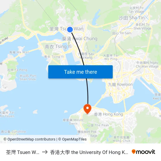 荃灣 Tsuen Wan to 香港大學 the University Of Hong Kong map