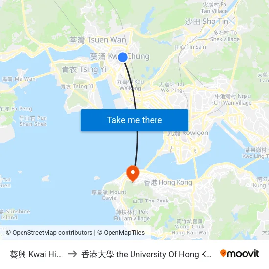 葵興 Kwai Hing to 香港大學 the University Of Hong Kong map