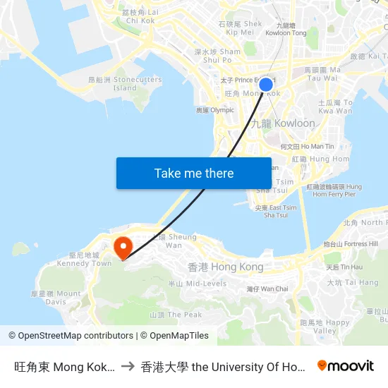 旺角東 Mong Kok East to 香港大學 the University Of Hong Kong map