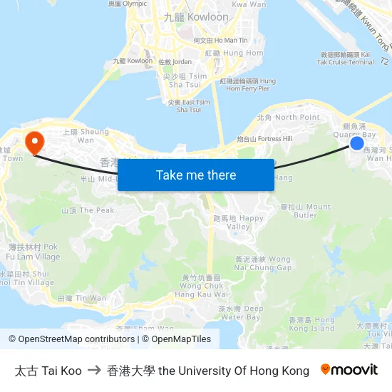 太古 Tai Koo to 香港大學 the University Of Hong Kong map