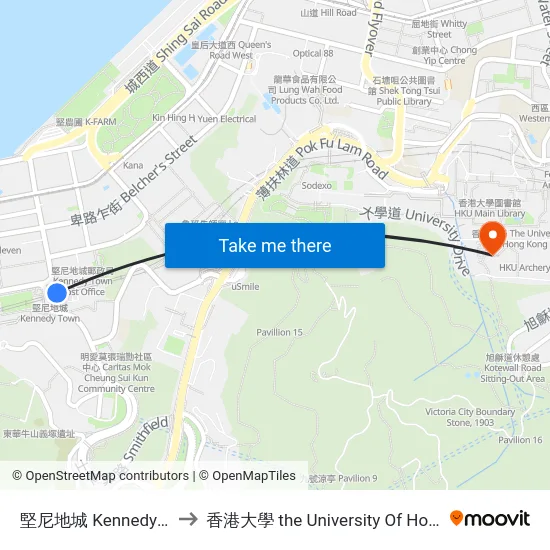 堅尼地城 Kennedy Town to 香港大學 the University Of Hong Kong map