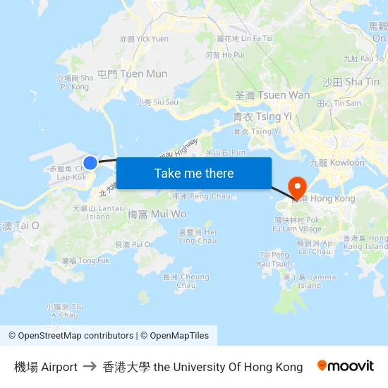 機場 Airport to 香港大學 the University Of Hong Kong map