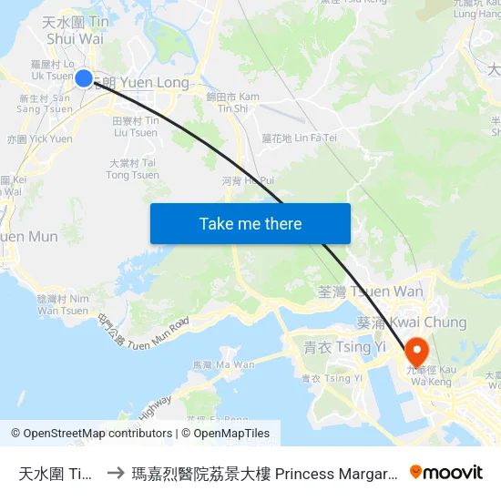 天水圍 Tin Shui Wai to 瑪嘉烈醫院荔景大樓 Princess Margaret Hospital Lai King Building map