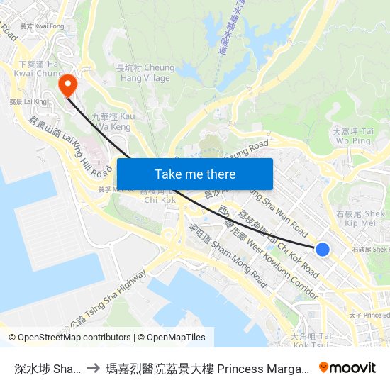 深水埗 Sham Shui Po to 瑪嘉烈醫院荔景大樓 Princess Margaret Hospital Lai King Building map