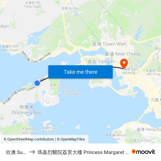 欣澳 Sunny Bay to 瑪嘉烈醫院荔景大樓 Princess Margaret Hospital Lai King Building map