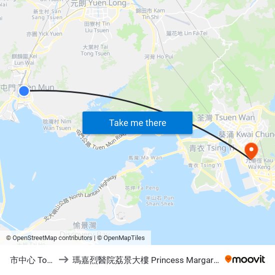 市中心 Town Centre to 瑪嘉烈醫院荔景大樓 Princess Margaret Hospital Lai King Building map