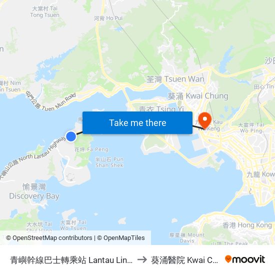 青嶼幹線巴士轉乘站 Lantau Link Bus-Bus Interchange to 葵涌醫院 Kwai Chung Hospital map