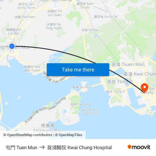 屯門 Tuen Mun to 葵涌醫院 Kwai Chung Hospital map