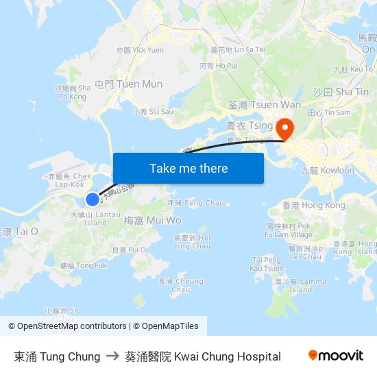 東涌 Tung Chung to 葵涌醫院 Kwai Chung Hospital map