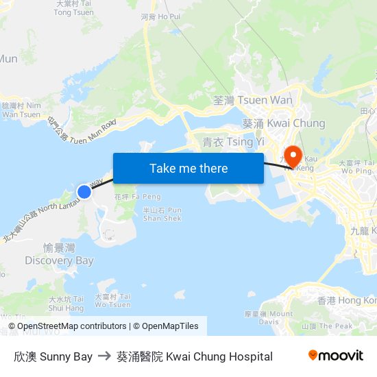 欣澳 Sunny Bay to 葵涌醫院 Kwai Chung Hospital map