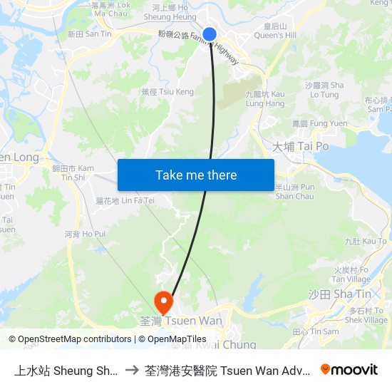 上水站 Sheung Shui Station to 荃灣港安醫院 Tsuen Wan Adventist Hospital map