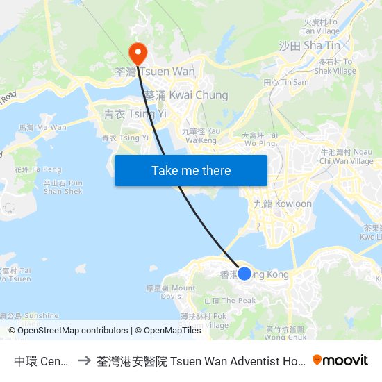 中環 Central to 荃灣港安醫院 Tsuen Wan Adventist Hospital map