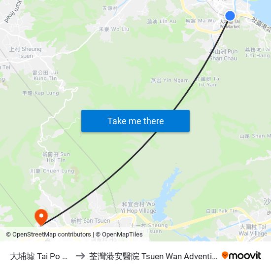 大埔墟 Tai Po Market to 荃灣港安醫院 Tsuen Wan Adventist Hospital map
