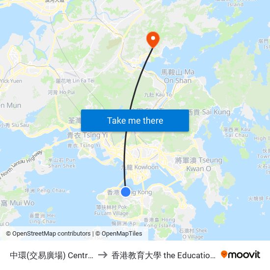 中環(交易廣場) Central (Exchange Square) to 香港教育大學 the Education University Of Hong Kong map