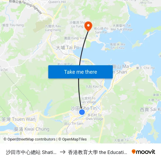 沙田市中心總站 Shatin Central Bus Terminus to 香港教育大學 the Education University Of Hong Kong map