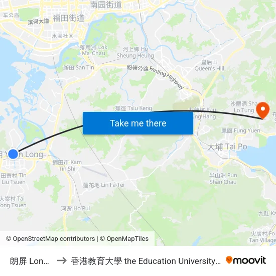 朗屏 Long Ping to 香港教育大學 the Education University Of Hong Kong map