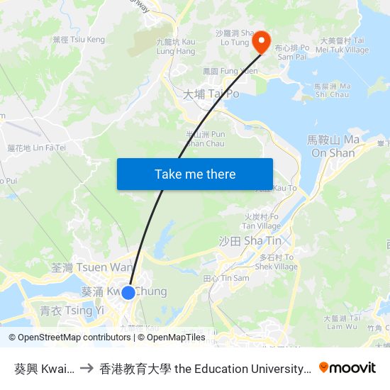 葵興 Kwai Hing to 香港教育大學 the Education University Of Hong Kong map