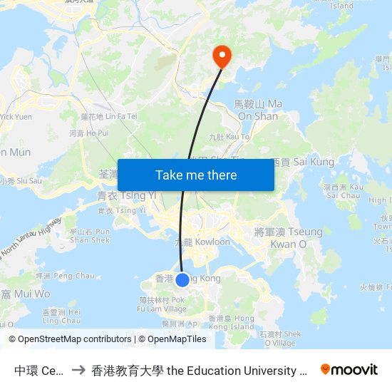 中環 Central to 香港教育大學 the Education University Of Hong Kong map