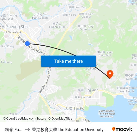 粉嶺 Fanling to 香港教育大學 the Education University Of Hong Kong map