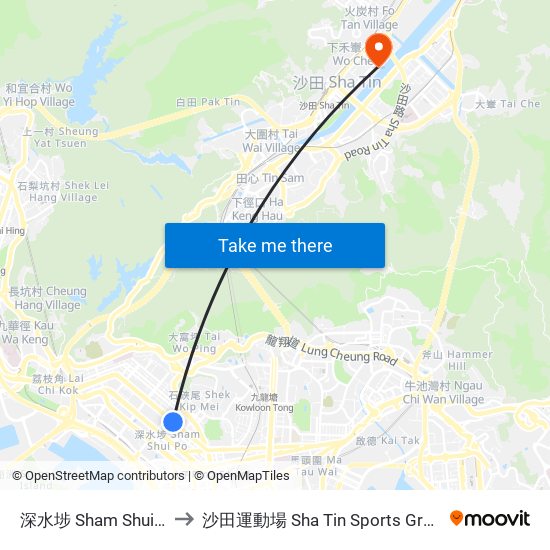 深水埗 Sham Shui Po to 沙田運動場 Sha Tin Sports Ground map