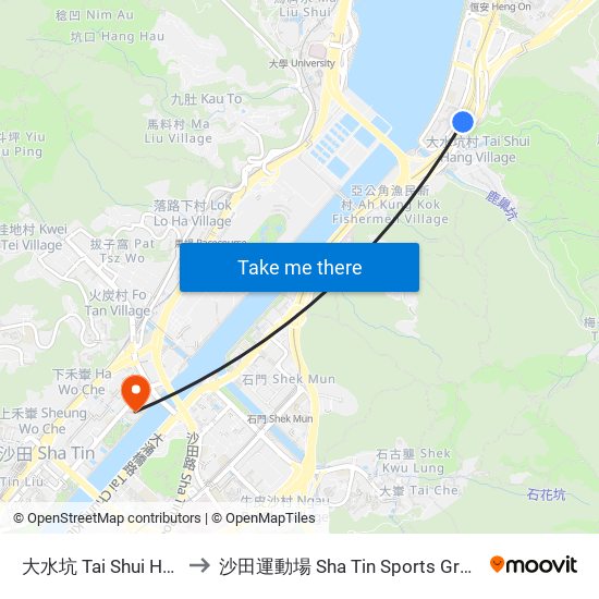 大水坑 Tai Shui Hang to 沙田運動場 Sha Tin Sports Ground map