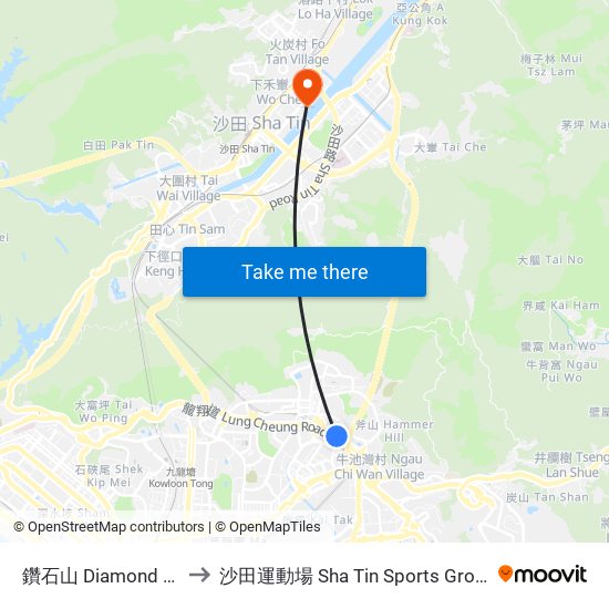 鑽石山 Diamond Hill to 沙田運動場 Sha Tin Sports Ground map