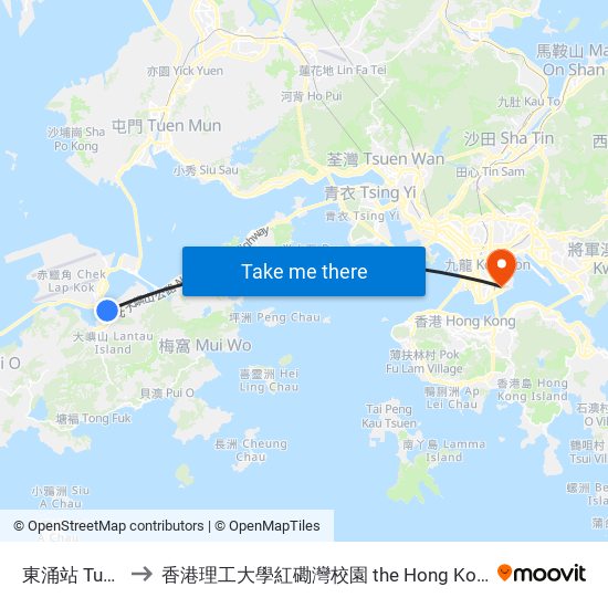 東涌站 Tung Chung Station to 香港理工大學紅磡灣校園 the Hong Kong Polytechnic University Hung Hom Bay Campus map