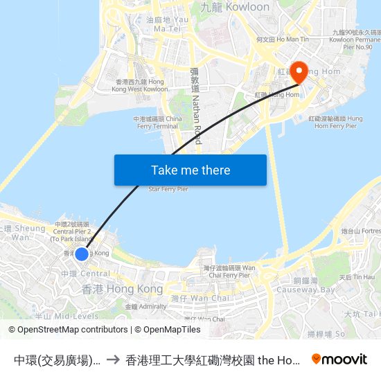 中環(交易廣場) Central (Exchange Square) to 香港理工大學紅磡灣校園 the Hong Kong Polytechnic University Hung Hom Bay Campus map