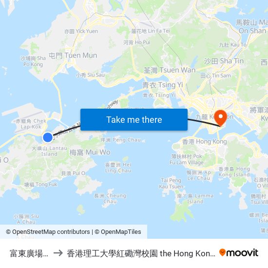 富東廣場 Fu Tung Plaza to 香港理工大學紅磡灣校園 the Hong Kong Polytechnic University Hung Hom Bay Campus map