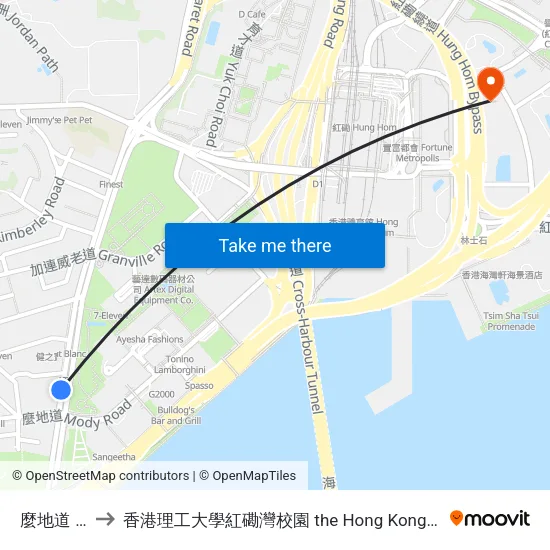 麼地道 Mody Road to 香港理工大學紅磡灣校園 the Hong Kong Polytechnic University Hung Hom Bay Campus map
