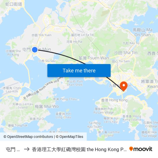 屯門 Tuen Mun to 香港理工大學紅磡灣校園 the Hong Kong Polytechnic University Hung Hom Bay Campus map