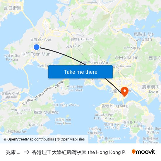 兆康 Siu Hong to 香港理工大學紅磡灣校園 the Hong Kong Polytechnic University Hung Hom Bay Campus map