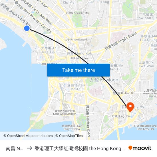 南昌 Nam Cheong to 香港理工大學紅磡灣校園 the Hong Kong Polytechnic University Hung Hom Bay Campus map