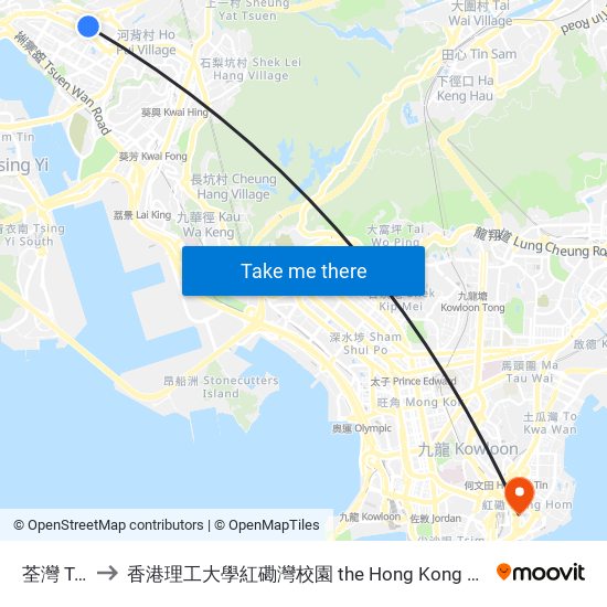 荃灣 Tsuen Wan to 香港理工大學紅磡灣校園 the Hong Kong Polytechnic University Hung Hom Bay Campus map