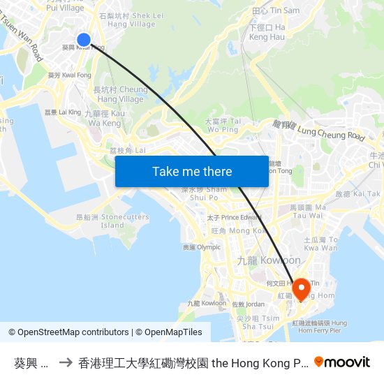 葵興 Kwai Hing to 香港理工大學紅磡灣校園 the Hong Kong Polytechnic University Hung Hom Bay Campus map