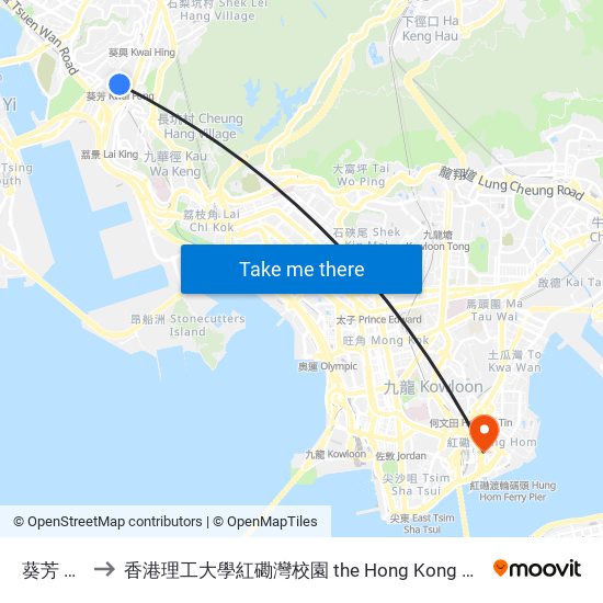 葵芳 Kwai Fong to 香港理工大學紅磡灣校園 the Hong Kong Polytechnic University Hung Hom Bay Campus map