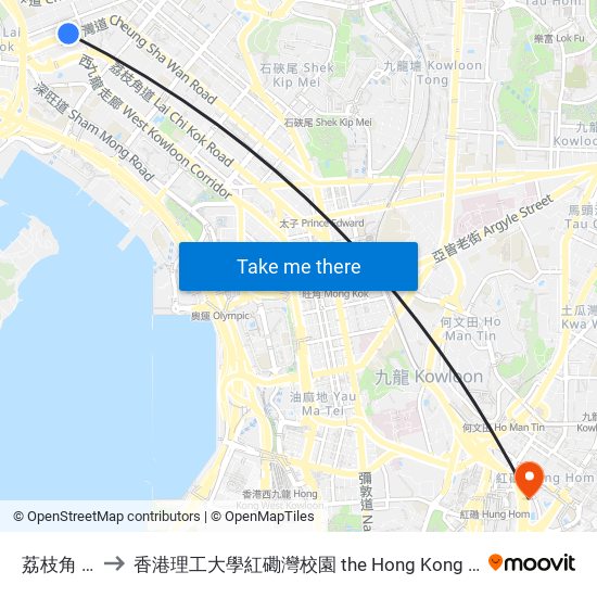 荔枝角 Lai Chi Kok to 香港理工大學紅磡灣校園 the Hong Kong Polytechnic University Hung Hom Bay Campus map