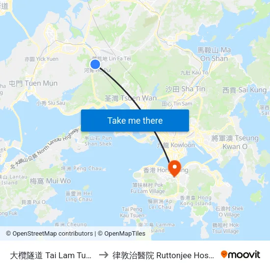 大欖隧道 Tai Lam Tunnel to 律敦治醫院 Ruttonjee Hospital map
