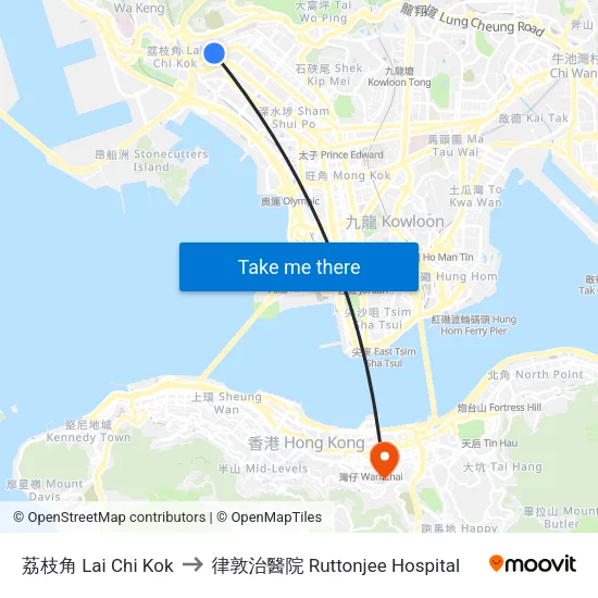荔枝角 Lai Chi Kok to 律敦治醫院 Ruttonjee Hospital map