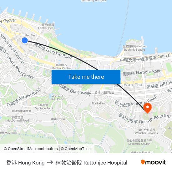 香港 Hong Kong to 律敦治醫院 Ruttonjee Hospital map