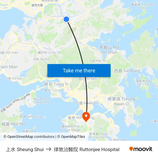 上水 Sheung Shui to 律敦治醫院 Ruttonjee Hospital map