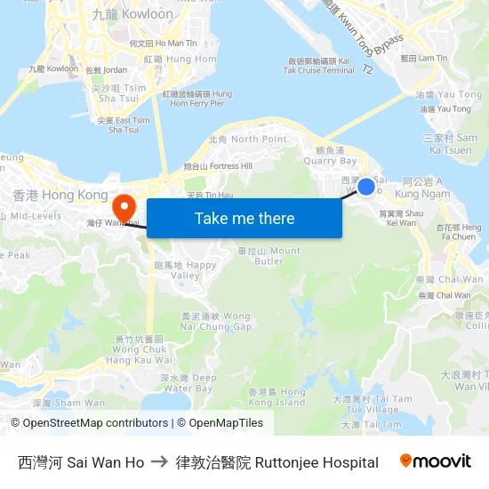西灣河 Sai Wan Ho to 律敦治醫院 Ruttonjee Hospital map
