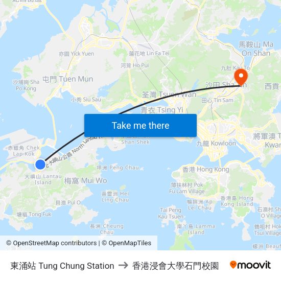 東涌站 Tung Chung Station to 香港浸會大學石門校園 map