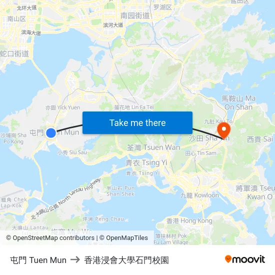 屯門 Tuen Mun to 香港浸會大學石門校園 map